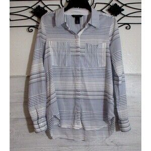 White House Black Market Women's Button Up Top Size 8 Long Sleeve Blue Striped